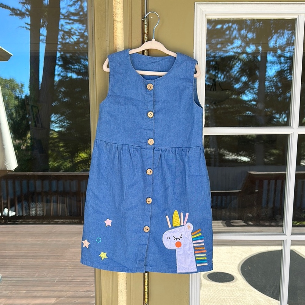Blue Sleeveless Kids Dress with Unicorn Design